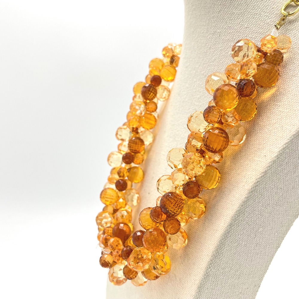 Amber Orange Faceted Lucite Bead Cluster Statement Necklace Gold Tone 23in